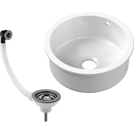 Fireclay Ceramic Bowl Round Undermount Kitchen Sink with Central Waste, Overflow and Brushed Pewter Strainer Waste - 460mm (1/3)
