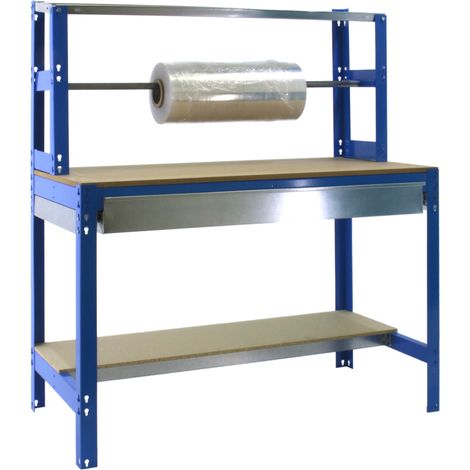 SimonRack Banco da Imballaggio con Cassetto Telescopico e Barra Porta-Rotoli – Portata 400 kg – 1445x910x760 mm – Tavolo Fai da Te – Blu/Legno – BT-4