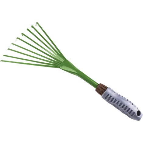 Râteau de jardin en fer multi-usages (vert), robuste, à main, à 9 dents, pour feuilles et gazon. (1/5)