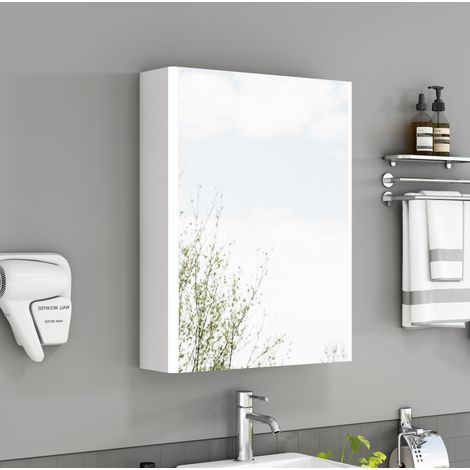 Spiegelschrank da bagno 57x20x74 cm, vormontato, luce LED a ventaglio, presa francese, MDF e vetro, bianco (1/5)