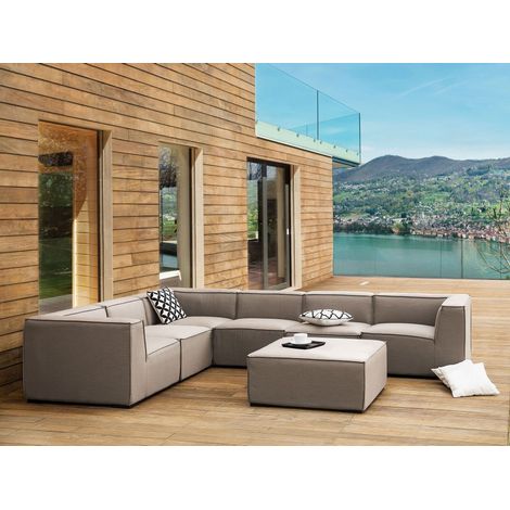 Sofá esquinero 7 plazas modular de poliéster beige arena negro derecho con reposapiés Arezzo (1/5)
