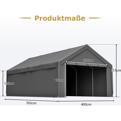 Abri voiture camion bateau 4x7,6m garage acier galvanisé bâche imperméable UV fenêtre enroulable panneaux latéraux amovibles 8 pieds gris