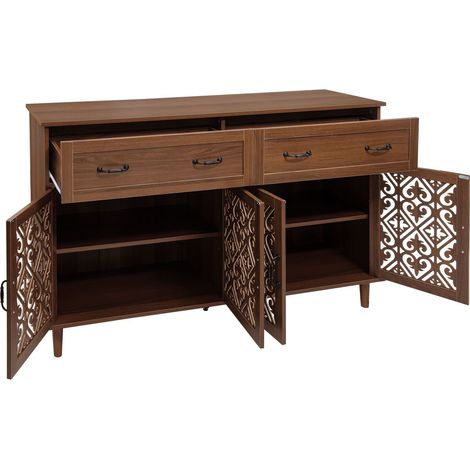 Buffet couleur noyer à quatre portes et deux tiroirs, motif ajouré sculpté – étagères réglables en hauteur, poignées métalliques rétro et pieds robustes en bois massif, meuble de rangement pour salon