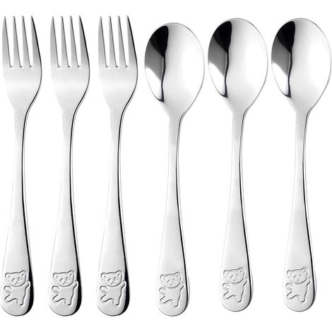 Ensemble de couverts en acier inoxydable pour enfants (6 pièces), comprenant 3 fourchettes et 3 cuillères, idéal pour l'école à la maison (Ours, Argent) (1/5)