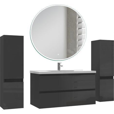 Ocean Ensemble de Meuble salle de bain 99cm + miroir led rond + 2 colonnes 110cm, noir Haut Brillant