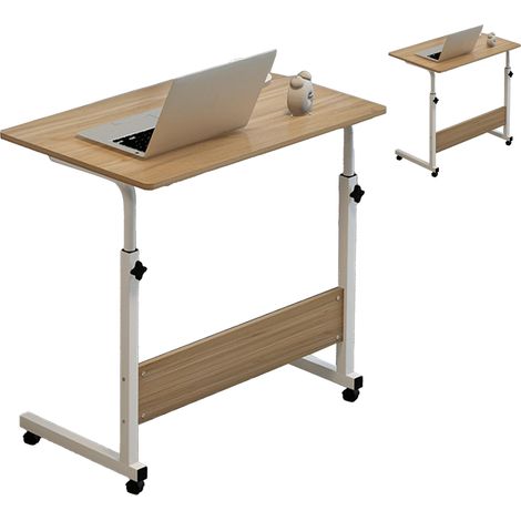 Table de chevet relevable 60 x 40 cm, structure en métal en forme de C, support mobile pour ordinateur portable, idéale pour la maison ou le canapé, coloris bois. (1/5)