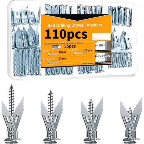 110-teiliges Set mit robusten Metalldübeln und Schrauben für Trockenbauwände, einfache Selbstmontage, langlebig und mieterfreundlich, silberne Dübel für Gipskartonwände, Hohlwände, Hängeregale, Spiege (1/5)