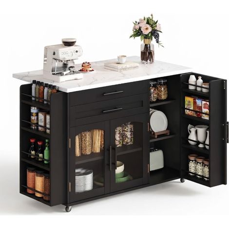 ELVMI Carrello da Cucina con 2 Ante in Vetro, 2 Cassetti e Piano Ribaltabile, con Ruote, per Cucina, in MDF, Nero (1/5)