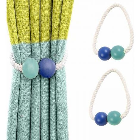 (Blue, Green) 2 Pcs Magnetic Curtain Tiebacks, Curtain Holdbacks, Window Drape Holdback Wooden Curtain Clips for Home, Dorm, Office, Window Decorative (1/5)