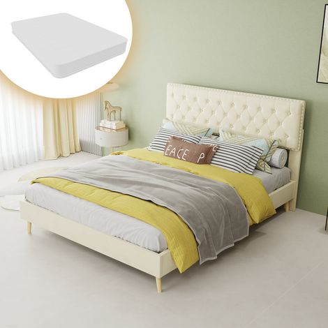 Lit rembourré moderne minimaliste, tête de lit confortable et douce, 140200CM, beige, mobilier de chambre multifonctionnel, cadre de lit bas avec coffre sans barre de levage, matelas 140200cm inclus. (1/5)