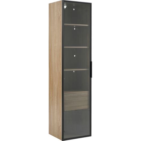 Armadio bagno in MDF naturale con LED, 40 cm, 1 cassetto grande e porta in vetro (1/5)