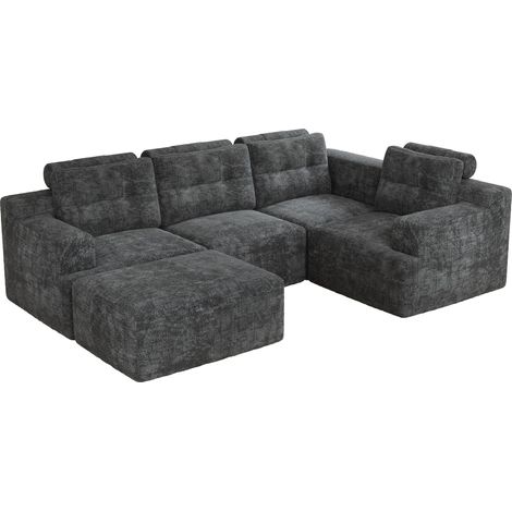 Sofá Modular 5 Plazas, Respaldo Alto con Reposacabezas, Chenilla Gris, 252 x 180 x 82 cm (1/5)