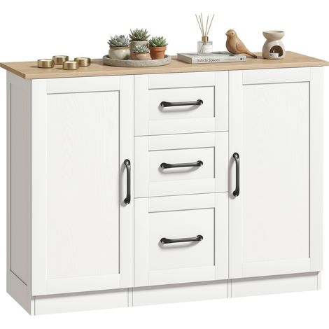 Credenza da soggiorno, mobile contenitore con 2 ante a chiusura ammortizzata e 3 cassetti, 110x35x80,4 cm, bianco e legno naturale.