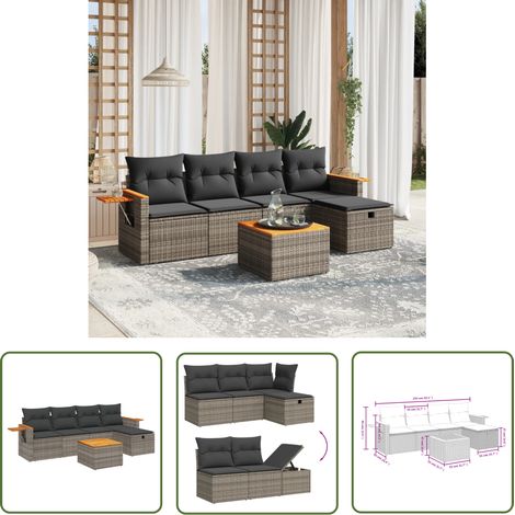 The Living Store Salon de jardin 6 pcs avec coussins gris résine tressée - Ensemble Salon De Jardin - Mobilier De Jardin - Canapé Extérieur - Chaise Extérieure - Table Basse Jardin (1/4)