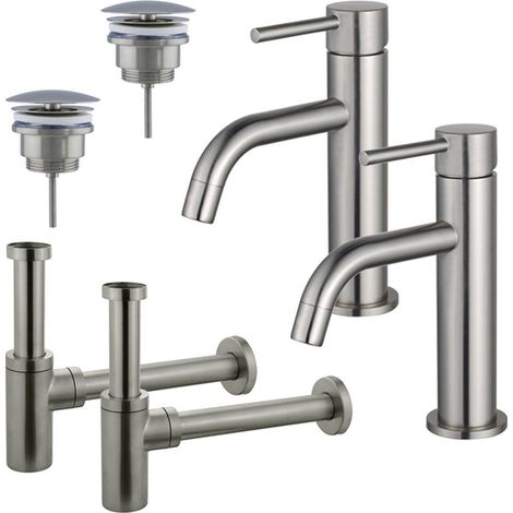 FugaFlow Eccelente Sobrado Slim Kit robinet lavabo - pour double vasque - robinet bas - bonde non-obturable - siphon design - Inox brossé PVD (1/4)