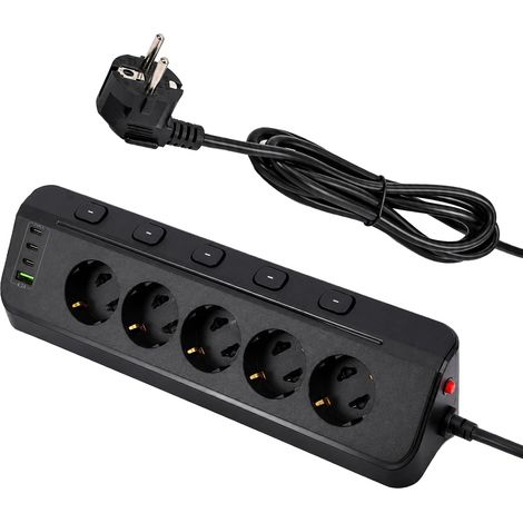 Multiprise avec Interrupteur, 5 Prises Secteur avec 1 Ports USB A et 3 Ports USB C, Prise Plan de Travail Cuisine Parafoudre et Surtension, Rallonge 2m pour Bureau, Meuble, Canapé (Noir) (1/5)
