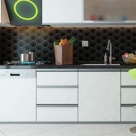 Sticker Mural Carrelage adhésif Cuisine Salle de Bain - CARREAUX DE CIMENT HEXAGONES DESIGN NOIR - 28stickershexagones10x9cm (1/5)