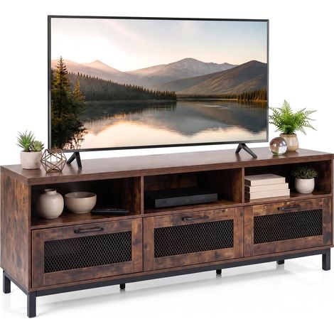 Meuble TV 160 cm pour Téléviseurs jusqu'à 75" Console Multimédia avec 3 Tiroirs en Maille et 3 Niches Ouvertes, Charge 100 kg, Pieds en Métal, Marron (1/5)