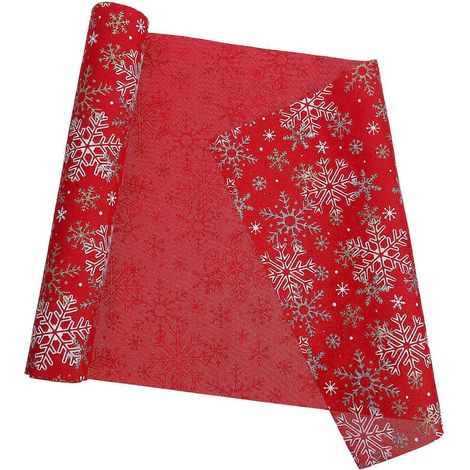 Chemin de table flocons de neige rouge et blanc en polyester résistant aux rayures, idéal pour une fête de Noël ou un dîner de famille (1 pièce). (1/5)