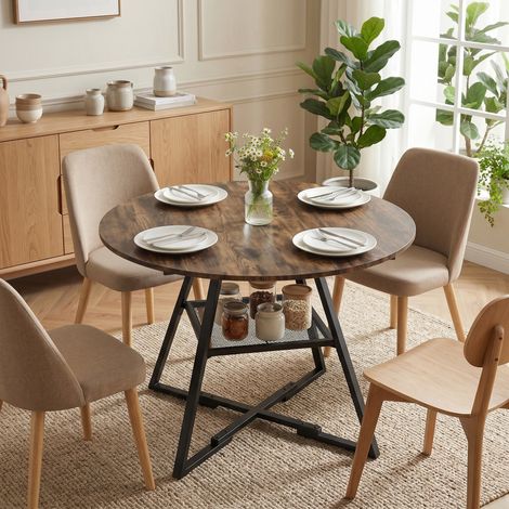 Table à Manger Ronde 4 Personnes, Ø100x76 cm, Large Plateau + Étagère, Brun Rustique (1/5)