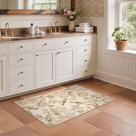 Tapis Entree Interieur Vintage 60x90cm Lavable en Machine AntidéRapant Poil Ras, pour Chambre Salle a Manger Descente de Lit Bureau, Cuisine,Crème et Rose Antique (1/5)