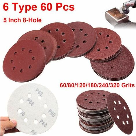 Almohadilla de disco de pulido para lijado de papel de lija, 60 uds., 125mm, grano de 8 orificios, 60-320 (1/4)