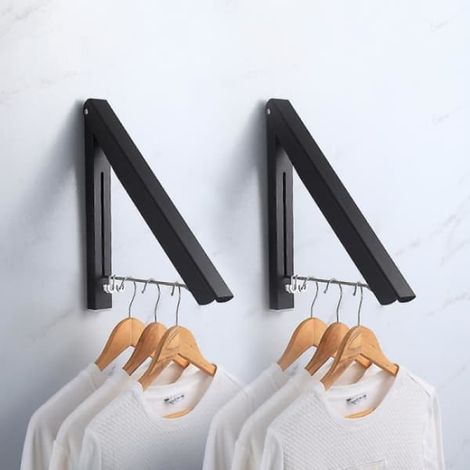 Lot de 2 - Tringle à vêtements rétractable noire - Cintre mural (1/4)
