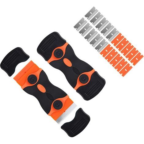 Grattoir à verre, 2 raclettes en céramique avec 10 lames métalliques supplémentaires et 10 lames en plastique pour cuisinière à induction, voiture, verre, miroir, autocollant, nettoyage (1/5)
