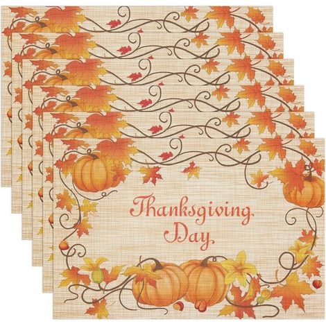 Waschbare Platzsets für Thanksgiving, herbstliche Kürbisdekoration, rutschfeste PVC-Tischsets, 33 x 45 cm