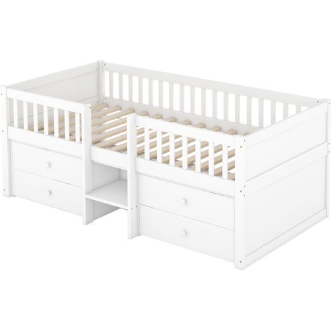 Cama semialta 90 x 200 cm con 4 cajones, barandilla y escalera, pino y MDF, blanca (1/5)