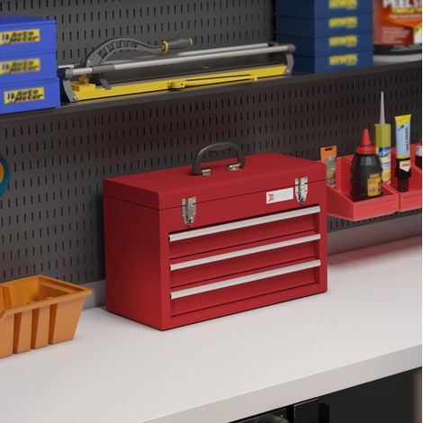 Cassettiera portautensili 51x22x32 cm, 3 cassetti scorrevoli con serratura, vano superiore, acciaio rosso (1/5)