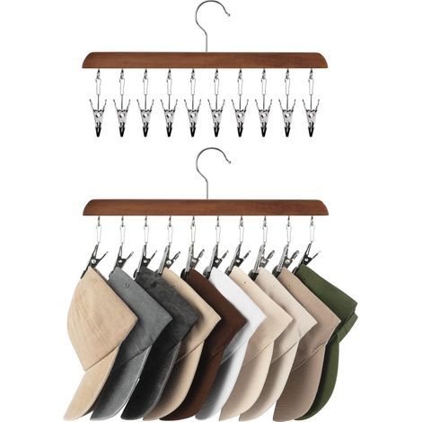 Porte-Casquettes - Support de Rangement pour Casquettes avec 10 Pinces Réglables en Acier Inoxydable - Pour Placard ou Mur - Lot de 2 - Couleur Noyer Naturel (1/5)