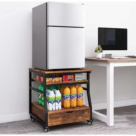 Mini Support de Réfrigérateur avec Grande Capacité Rangement(Marron) 60x55x65CM Chariot avec Tiroir Table de Frigo de Boissons Mobile avec Roues Plateforme Appareil pour Bureau à Domicile (1/5)