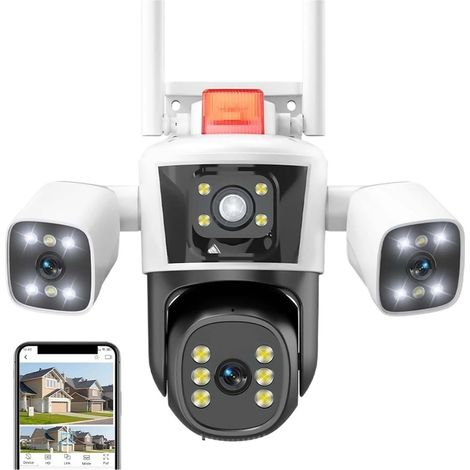 Caméra de sécurité à Domicile Caméra IP 6K 12MP Vue panoramique à Trois objectifs Caméra IP PTZ extérieure Suivi AI Protection de sécurité Caméras de Surveillance CCTV(12MP Cam Add 64G) (1/5)
