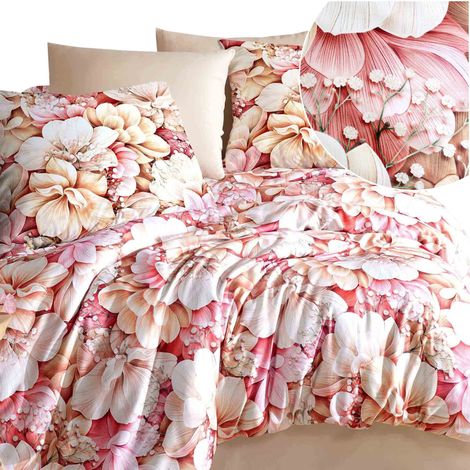 Juego de ropa de cama de 200x220 cm, algodón grueso satinado rosa con flores grandes. (1/5)
