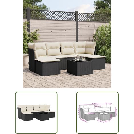 The Living Store Salon de jardin 7 pcs avec coussins noir résine tressée - Salon De Jardin - Mobilier De Jardin - Set Salon De Jardin - Résine Tressée - Rotin Synthétique (1/3)