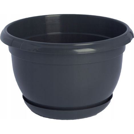 Kunststoff-Blumentopf mit Untersetzer, runder Deckel, glatt, anthrazit, 21 cm, Malta (1/2)