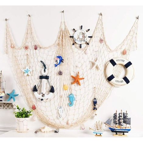 Filet De Pêche - 200 cm x 150 cm - Décoration Murale Méditerranéenne - Coton Et Coquillages Naturels - 1 Pièce (1/5)
