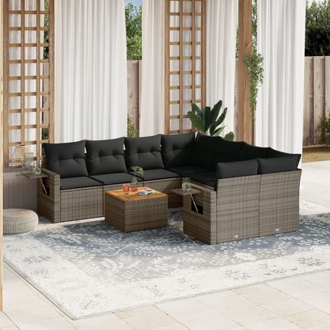 Ensemble de Jardin 9 Pièces en Résine Tressée Gris 4 Sièges Centraux + 4 Canapés avec Table Mousse Polyester Lavable Acacia (55x55cm) (1/5)