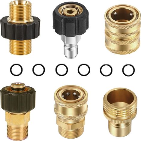 Nettoyeur Haute Pression Accessoires 6pcs Kit Adaptateur Nettoyeur Haute Pression, Pressure Washer Adapter Set en Laiton pour Tuyaux Et Pompes, M22-14mm Robinet Femelle Fiche 3/8" (1/5)