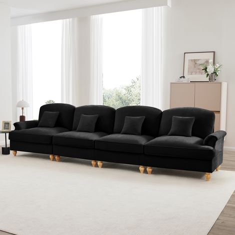 Canapé 4 places modulaire en chenille, double design (jupe amovible), pouf inclus, accoudoirs pétale, pieds fuselés — noir (1/5)