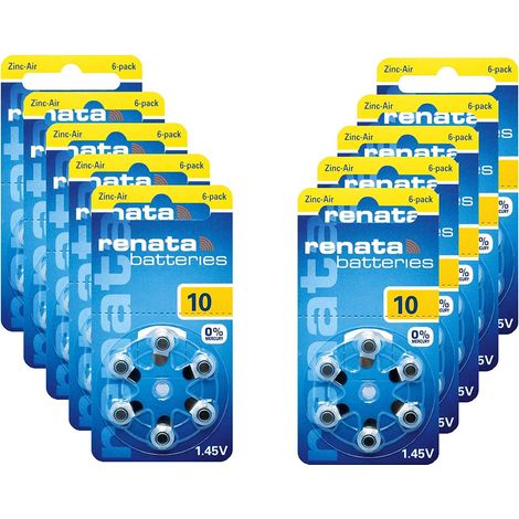 .Lot de 60 piles auditives RENATA ZA10 ZINC AIR JAUNE.
.
