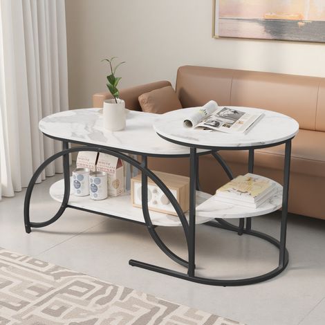 Table Basse Ronde Table Gigogne 2 Pièces Table d'Appoint, Bois Marbré et Pieds en Métal,80x46x45cm, 52x52x51cm (1/5)
