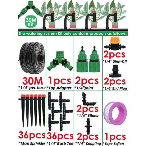 Kit d'arrosage automatique (30 m) pour tuyau d'arrosage, système d'irrigation goutte à goutte avec arroseur réglable et micro-goutteur à monter soi-même. (1/4)