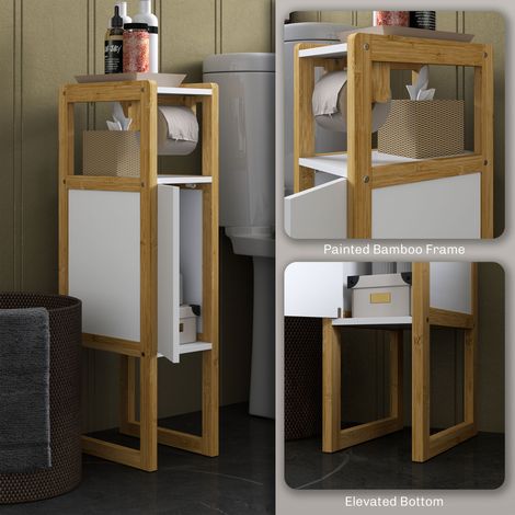 Étagère murale blanche en bambou 20x33x80cm, meuble de salle de bain avec support rouleau et tablette, rangement salvaspazio porte-serviettes (1/5)