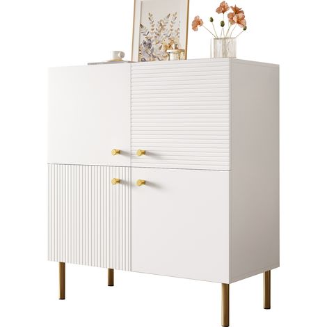 AS EASY Buffet blanc moderne en MDF avec poignées en alliage de zinc et pieds en acier – Meuble de rangement élégant pour salon, chambre et entrée