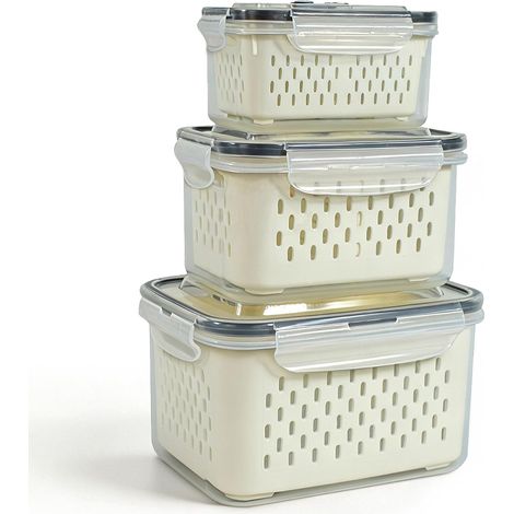 3 Unité Boîtes de Conservation Frigo avec Passoire Amovible, Rangement Frigo Transparent Hermétique, Organisateur Réfrigérateur avec Poignée, Bac Alimentaire pour Fruits Légumes Pique-Nique (1/5)