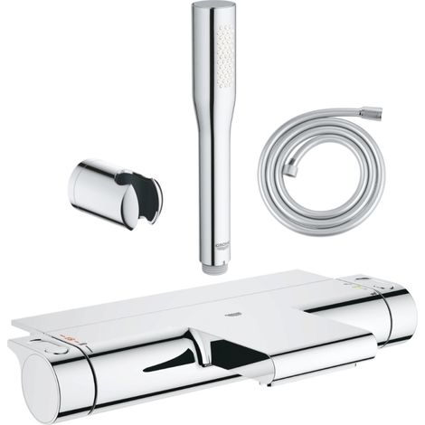 Pack mitigeur bain thermostatique GROHE Grohtherm 2000 + Douchette 1 jet Vitalio Get Stick + Flexible et support de douche