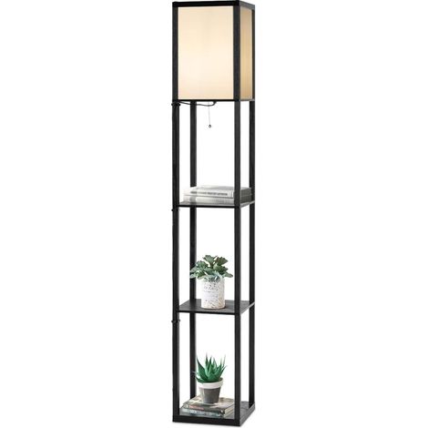 Goplus – Lampadaire intérieur 1,6m avec 3 étagères en MDF – Abat-jour en tissu – Culot E27 – Tension 220-240V – Pour salon, chambre, bureau (Noir) (1/5)