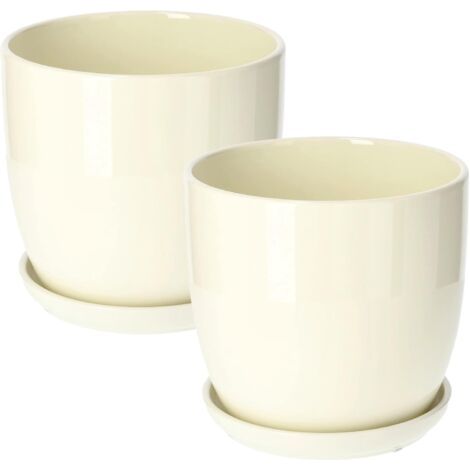 Lot de 2 pots de fleurs en céramique pour fleurs et plantes - Diamètre : 20 cm - Avec bac d'égouttement - Beige-NANOTEH (1/5)